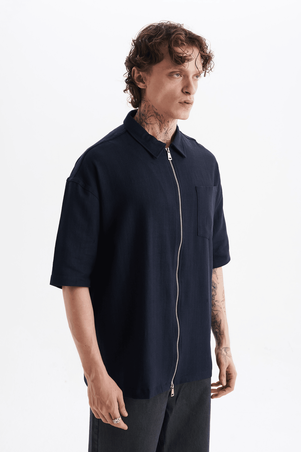 Erkek Lilyum Keten Fermuarlı Cepli Gömlek Lacivert