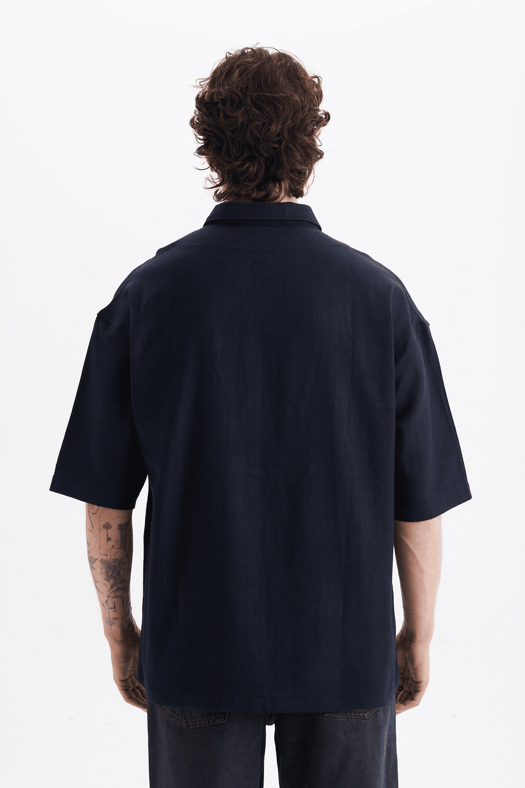 Erkek Lilyum Keten Fermuarlı Cepli Gömlek Lacivert