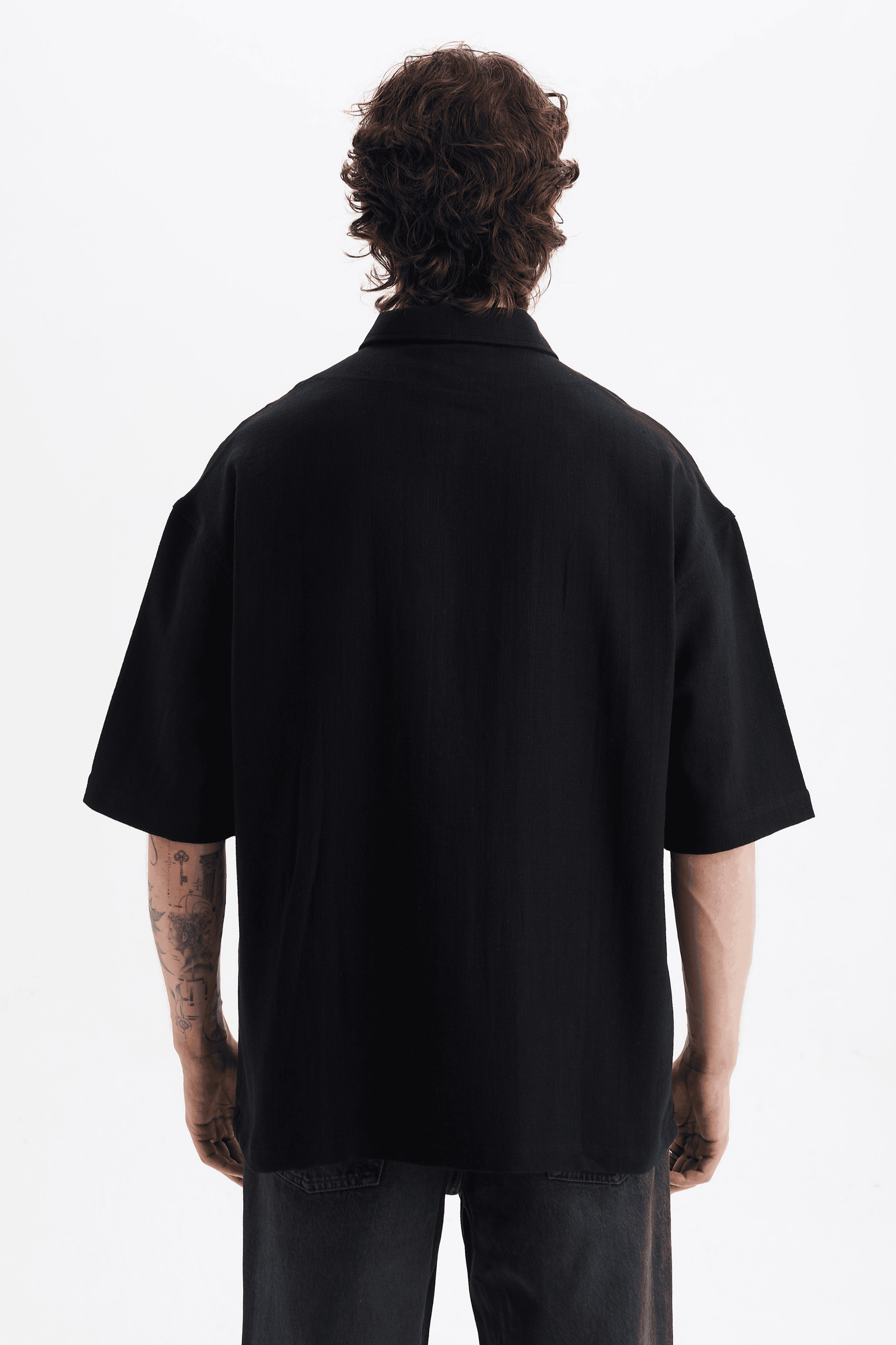 Erkek Lilyum Keten Fermuarlı Cepli Gömlek Siyah