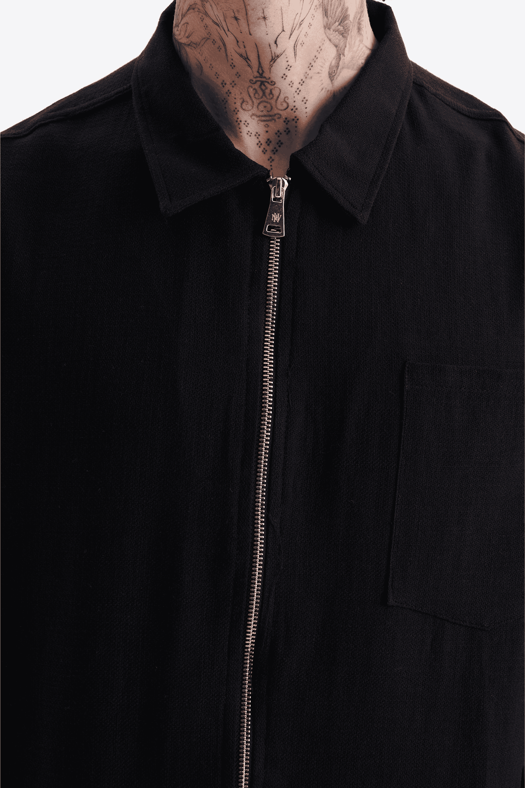 Erkek Lilyum Keten Fermuarlı Cepli Gömlek Siyah