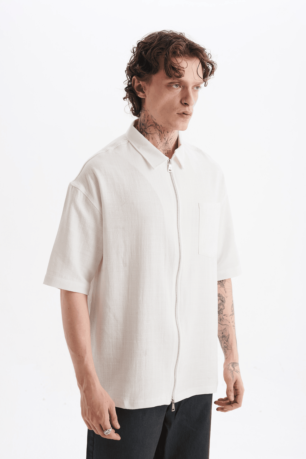 Erkek Lilyum Keten Fermuarlı Cepli Gömlek Ekru