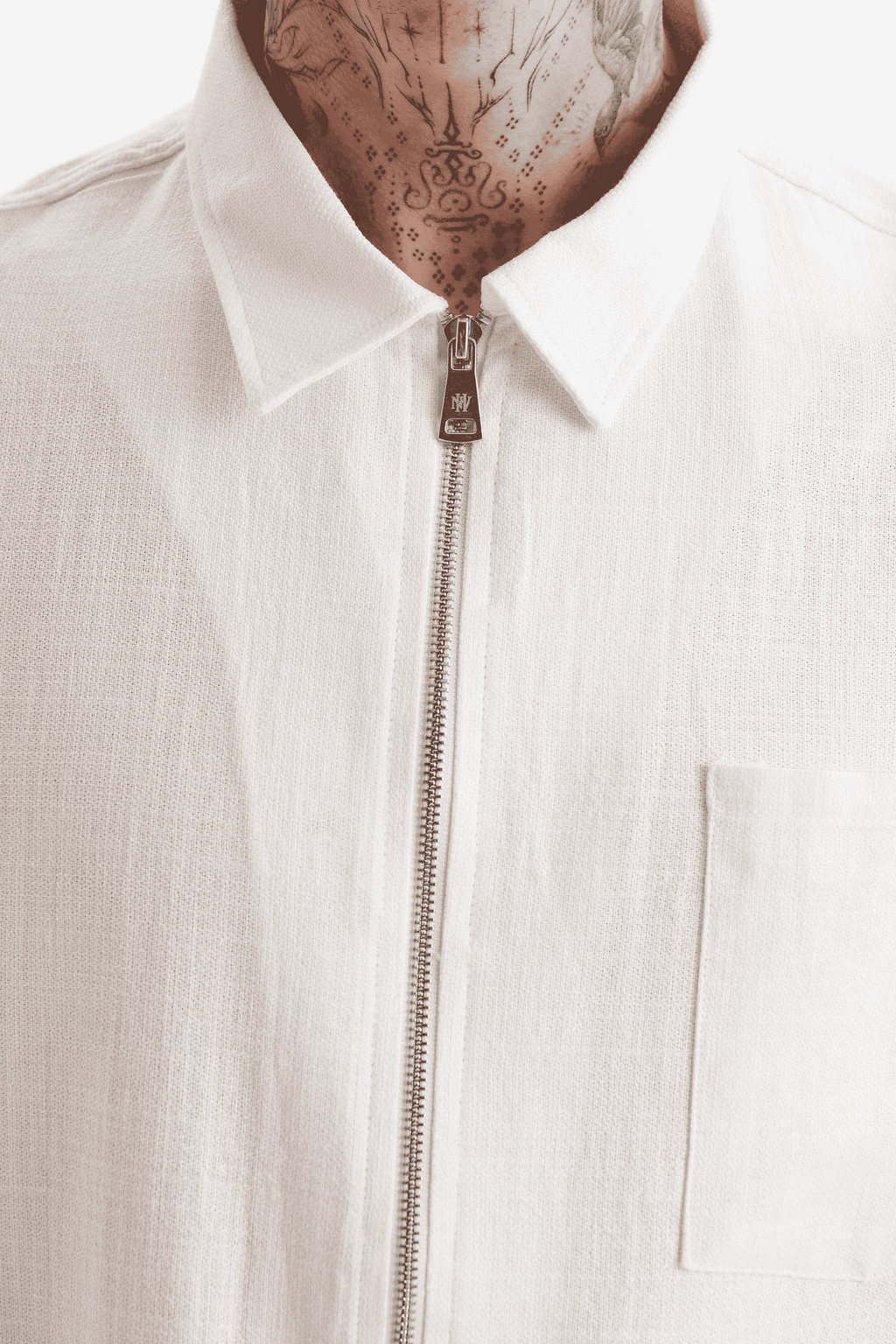 Erkek Lilyum Keten Fermuarlı Cepli Gömlek Ekru