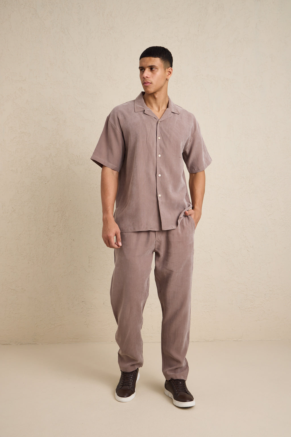 Erkek Modal Kumaş Pantolon Gömlek Takım Vizon