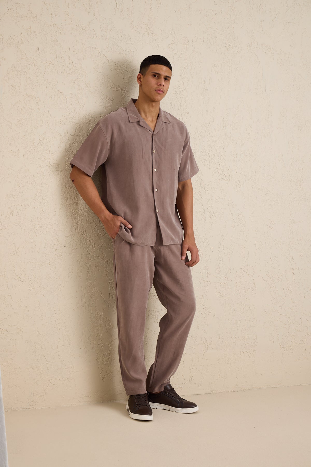 Erkek Modal Kumaş Pantolon Gömlek Takım Vizon