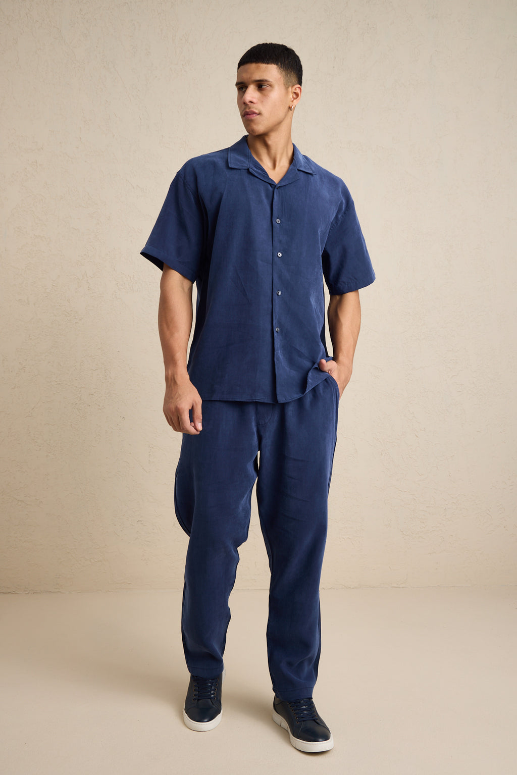 Erkek Modal Kumaş Pantolon Gömlek Takım Mavi