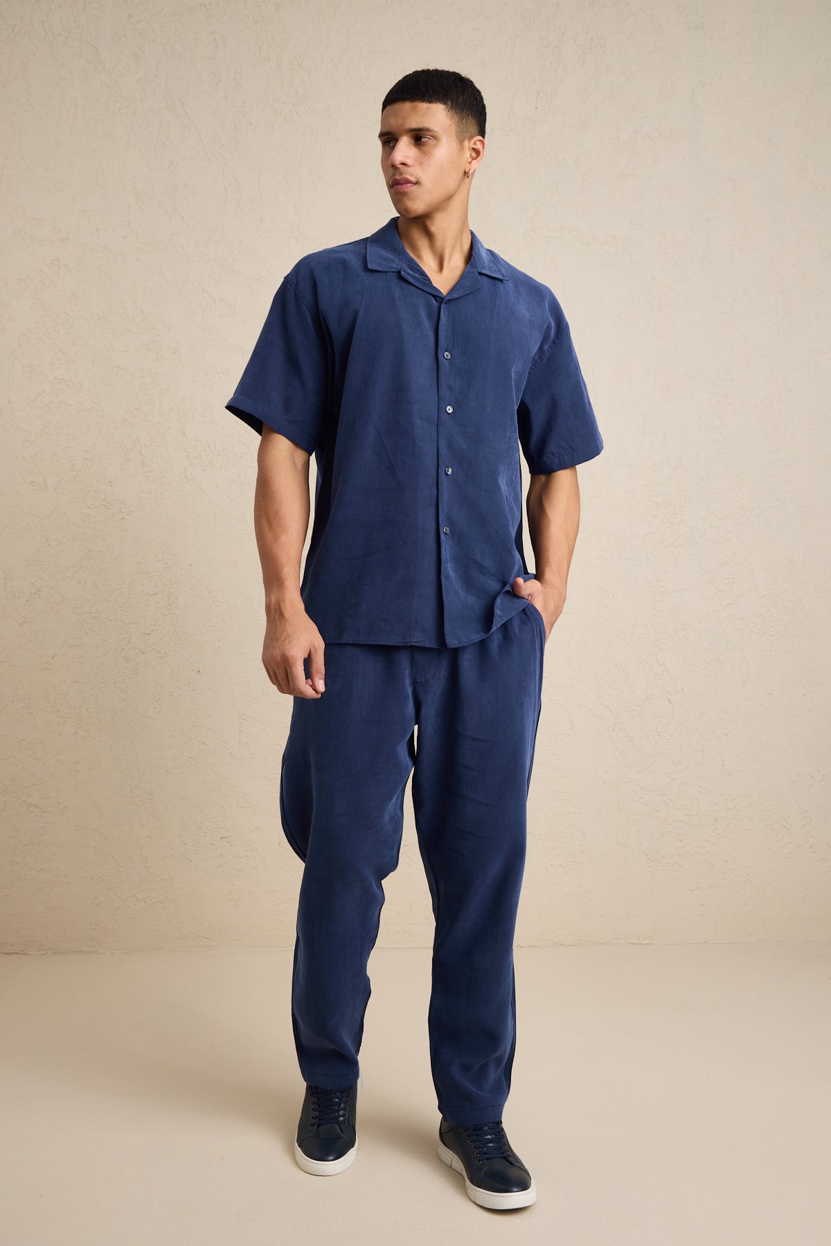 Erkek Modal Kumaş Pantolon Gömlek Takım Mavi