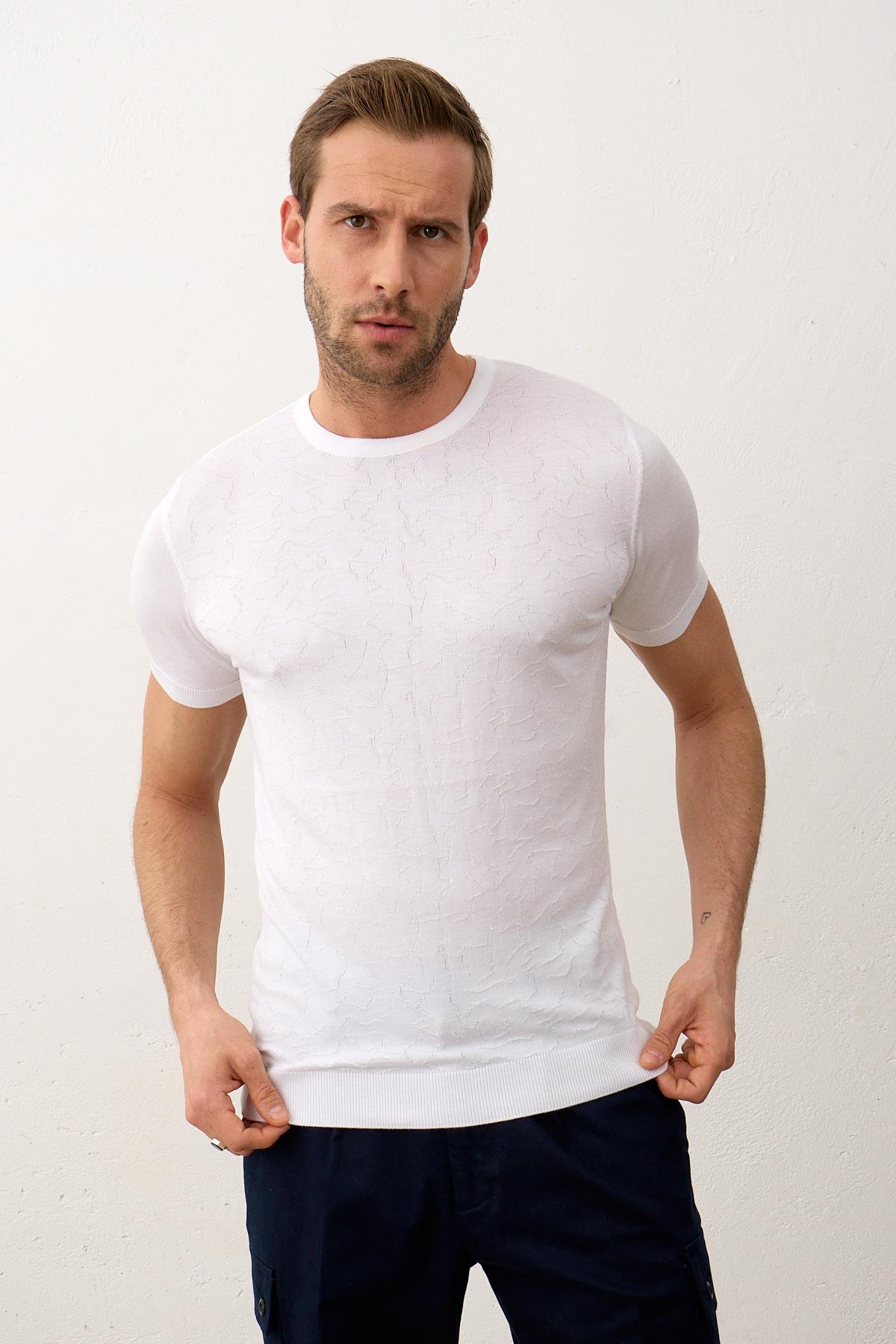 Erkek Modelli Bisiklet Yaka Slim-Fit Yazlık Triko Tişört Beyaz 5016DNGR