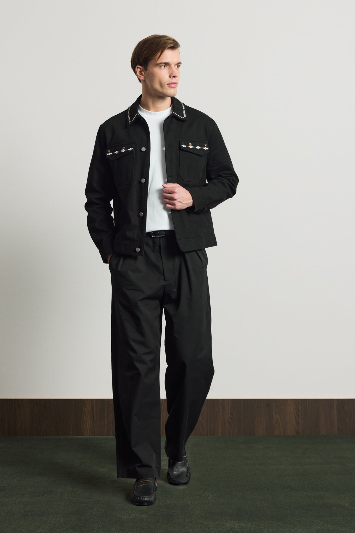 Erkek Nakışlı Denim Ceket Siyah