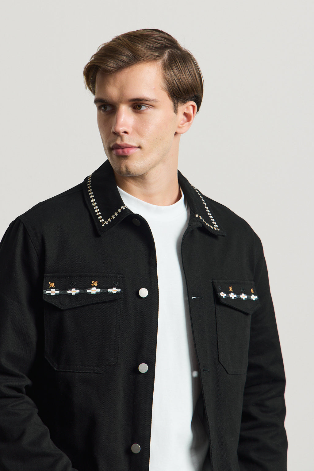 Erkek Nakışlı Denim Ceket Siyah