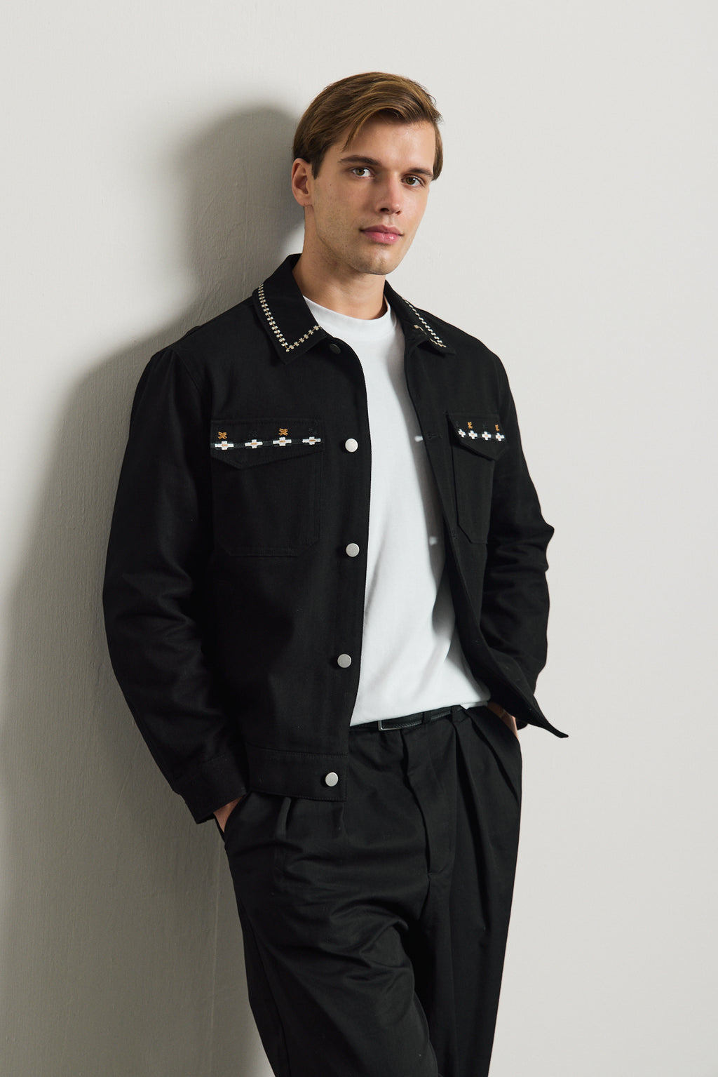 Erkek Nakışlı Denim Ceket Siyah