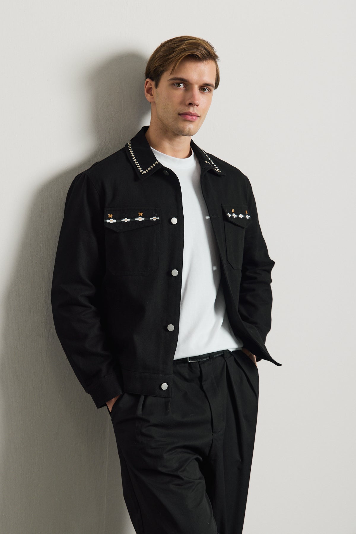 Erkek Nakışlı Denim Ceket Siyah