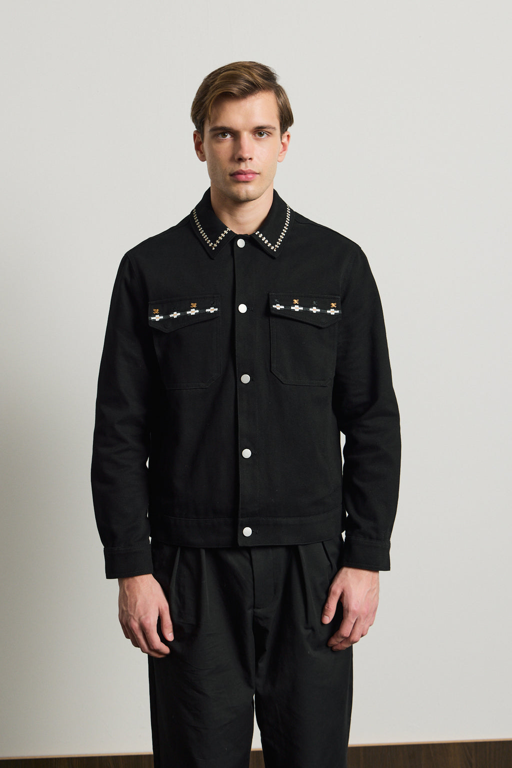 Erkek Nakışlı Denim Ceket Siyah