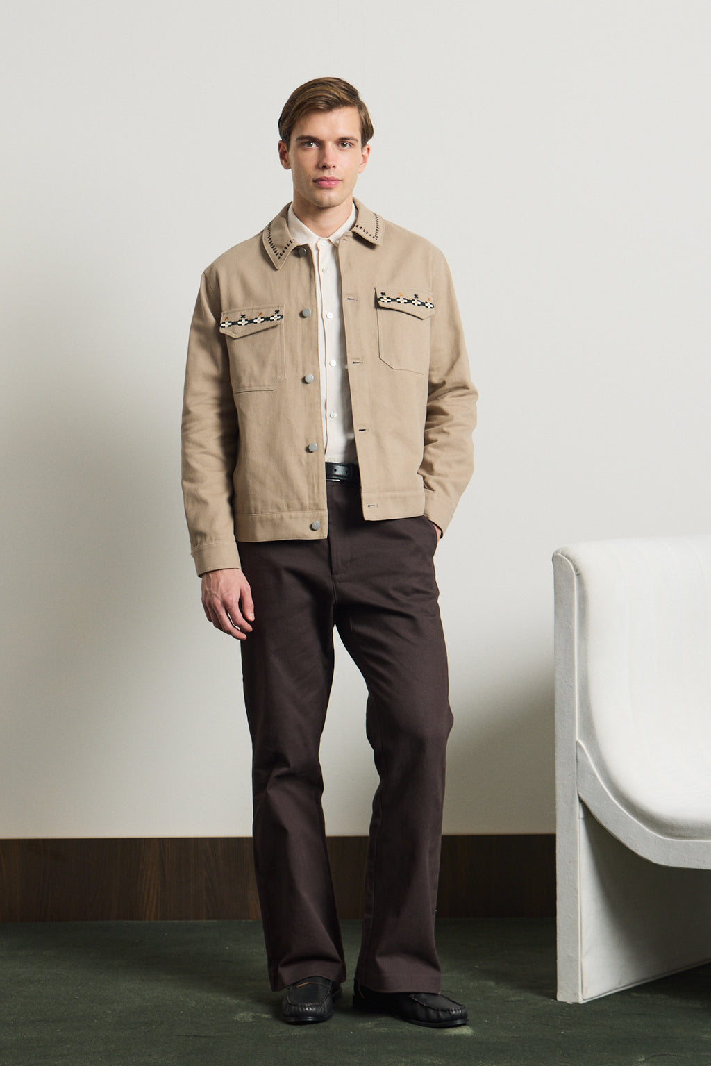 Erkek Nakışlı Denim Ceket Vizon