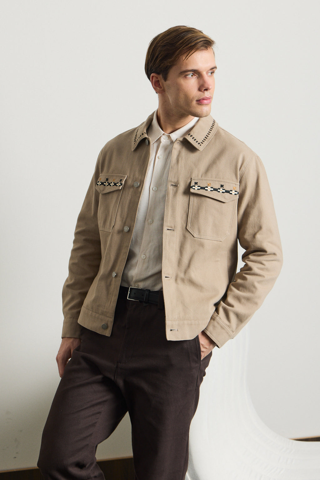 Erkek Nakışlı Denim Ceket Vizon