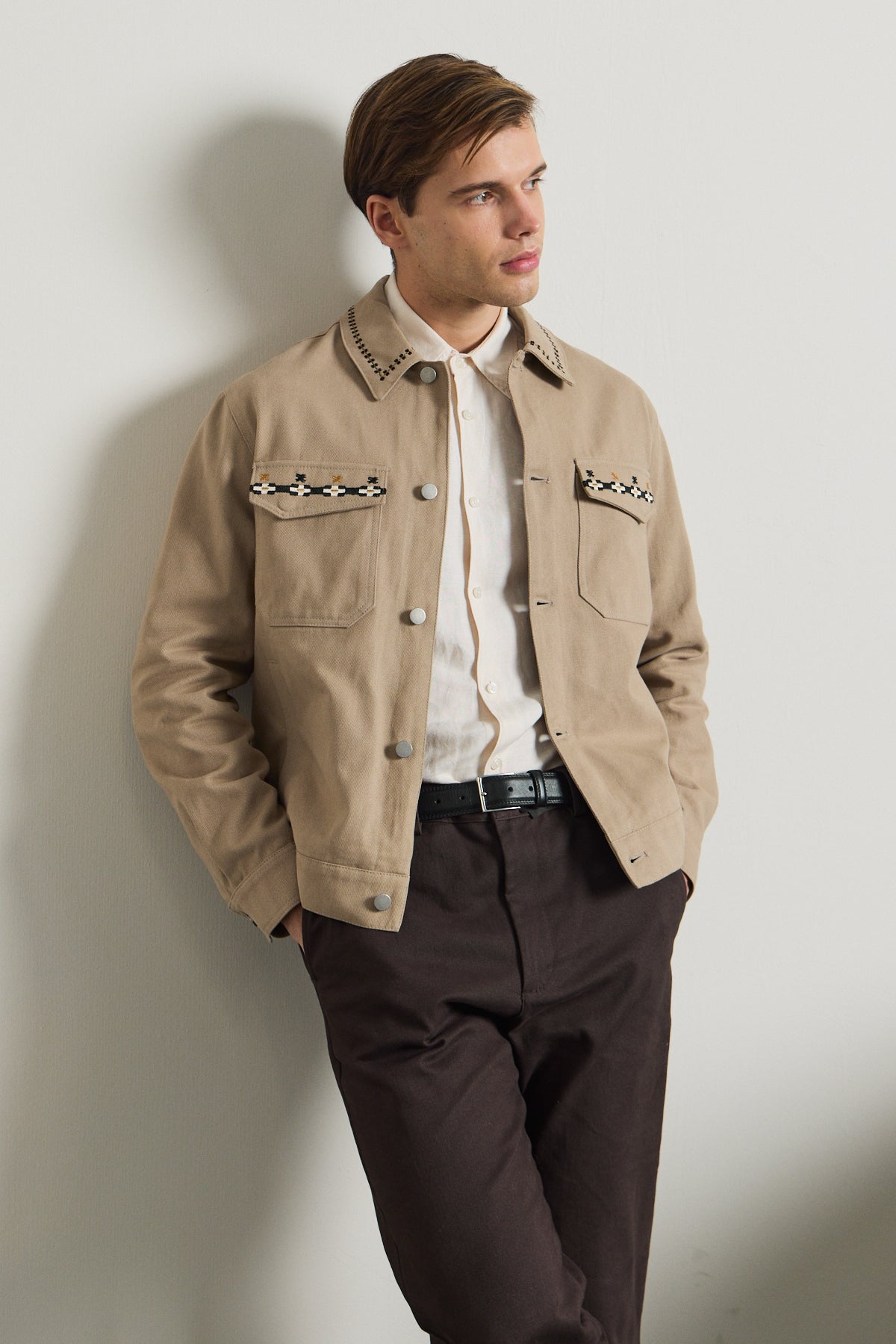 Erkek Nakışlı Denim Ceket Vizon