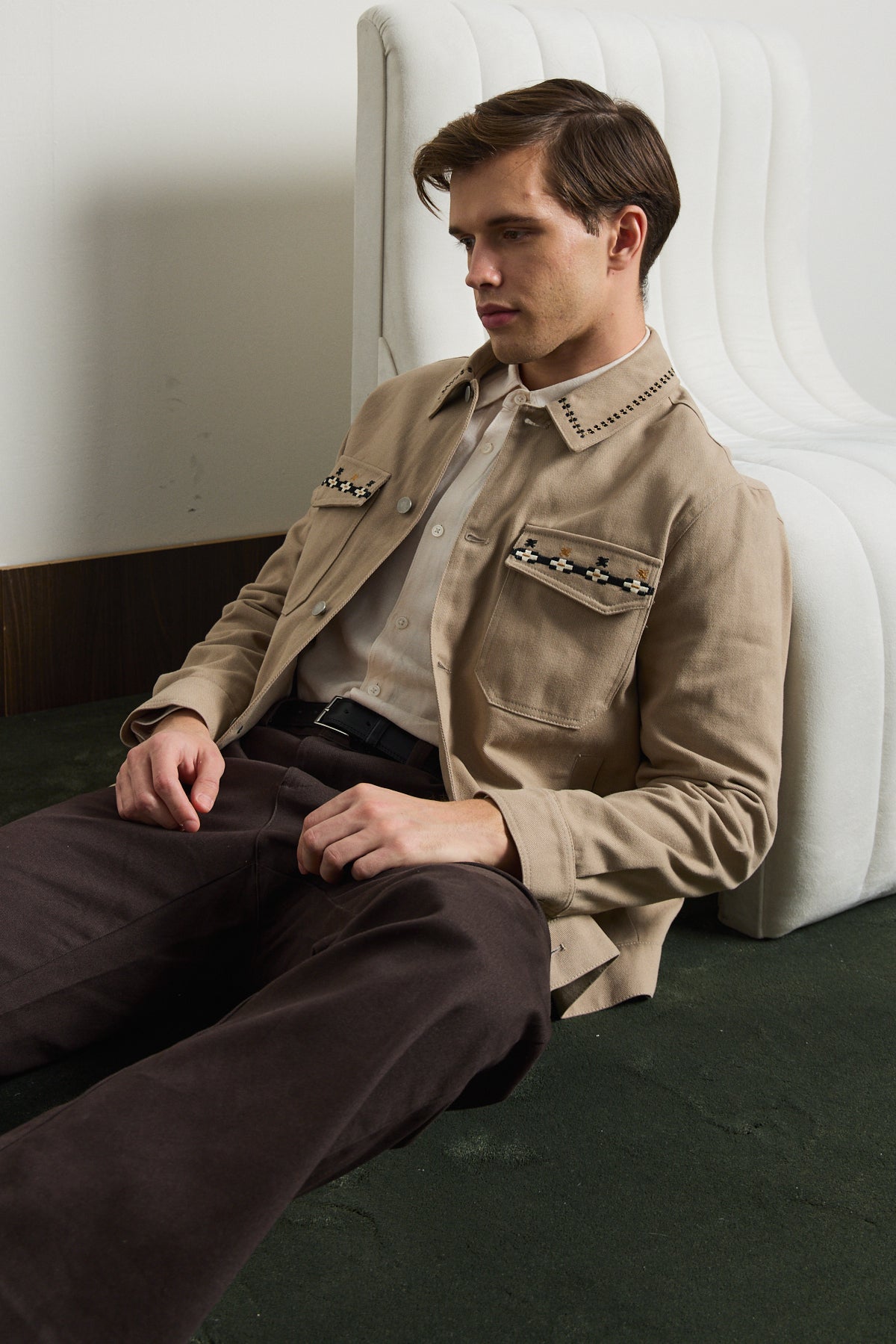 Erkek Nakışlı Denim Ceket Vizon