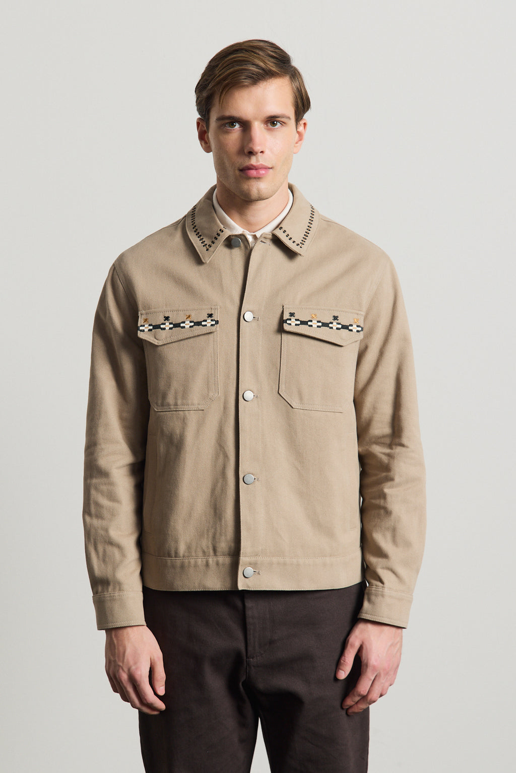 Erkek Nakışlı Denim Ceket Vizon