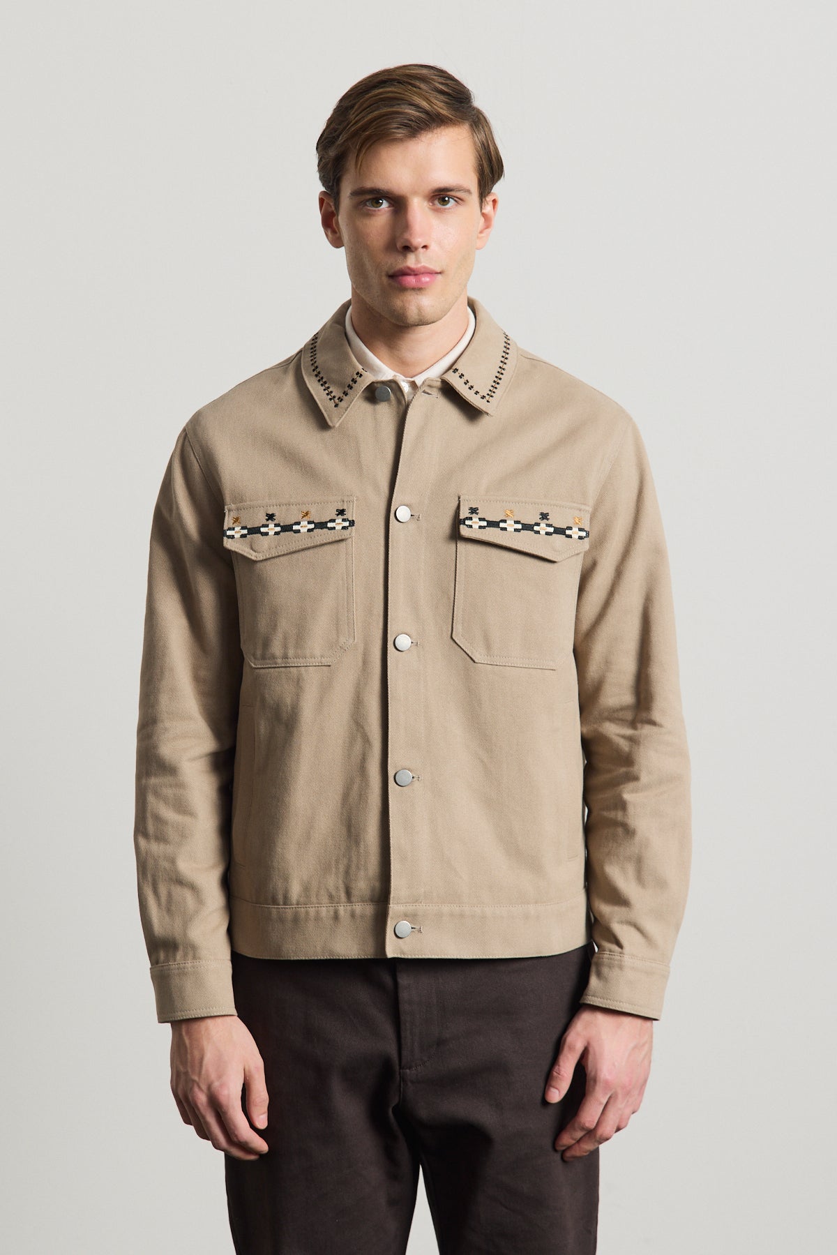 Erkek Nakışlı Denim Ceket Vizon