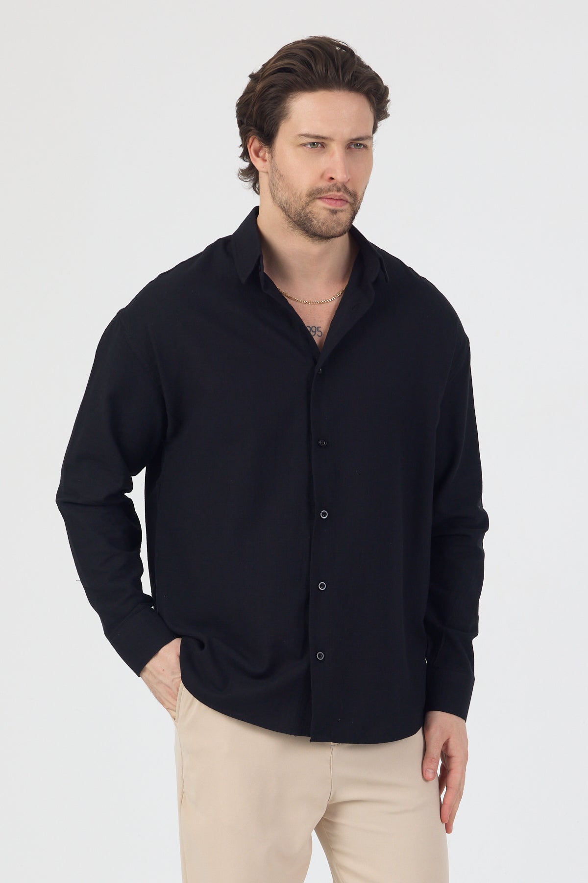 Erkek Pamuklu Keten Görünümlü Gömlek Siyah