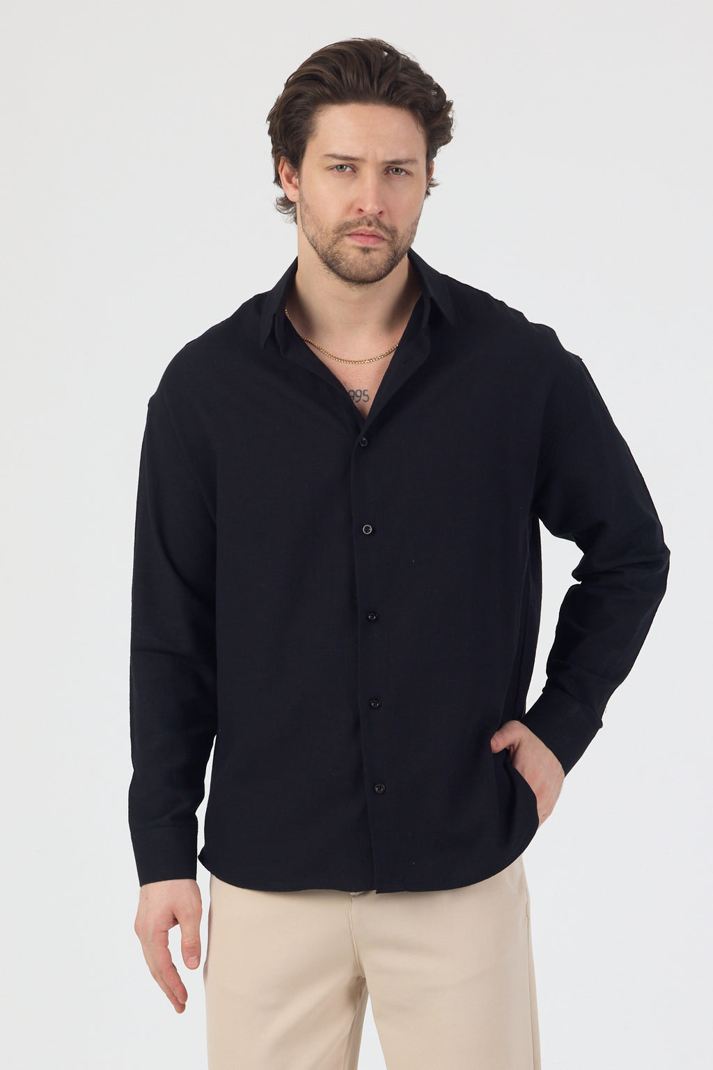 Erkek Pamuklu Keten Görünümlü Gömlek Siyah