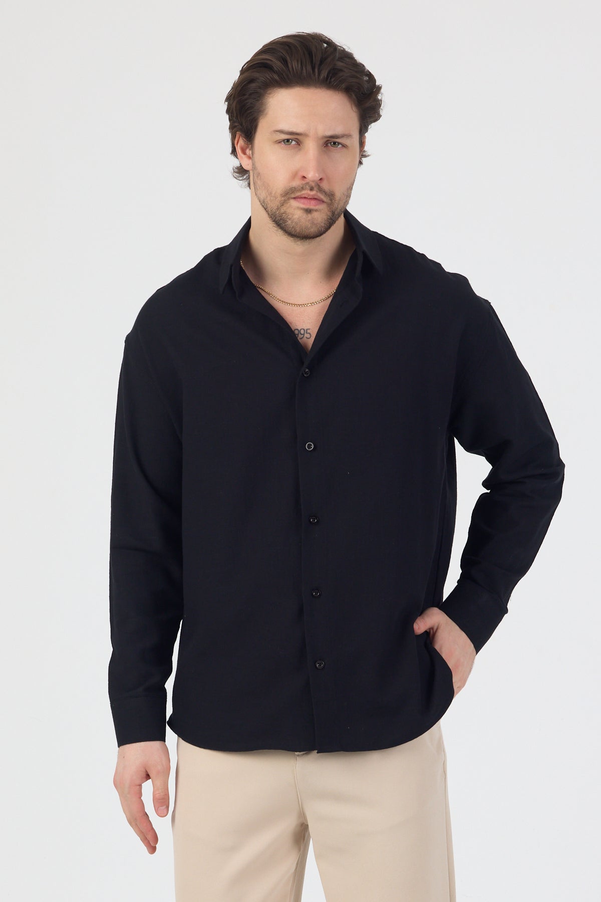 Erkek Pamuklu Keten Görünümlü Gömlek Siyah