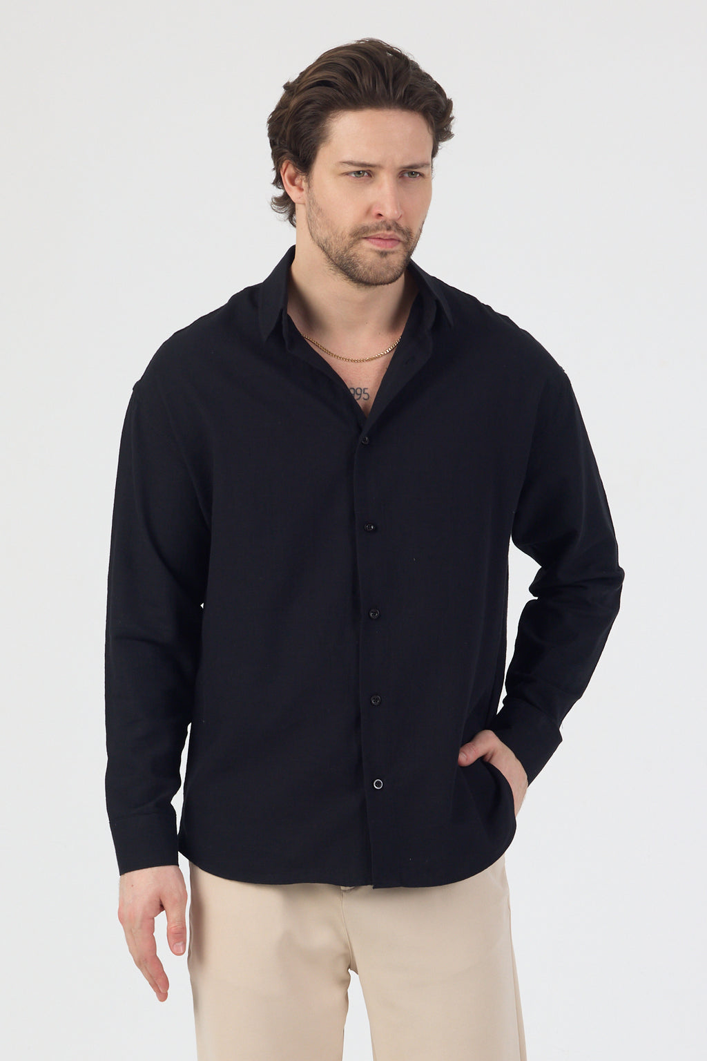 Erkek Pamuklu Keten Görünümlü Gömlek Siyah