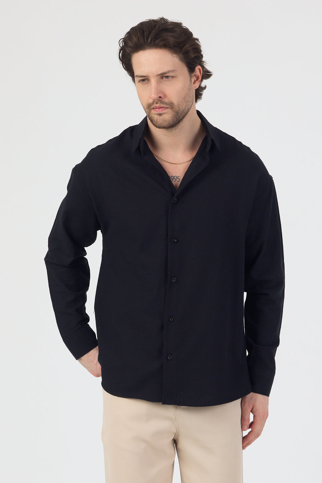 Erkek Pamuklu Keten Görünümlü Gömlek Siyah