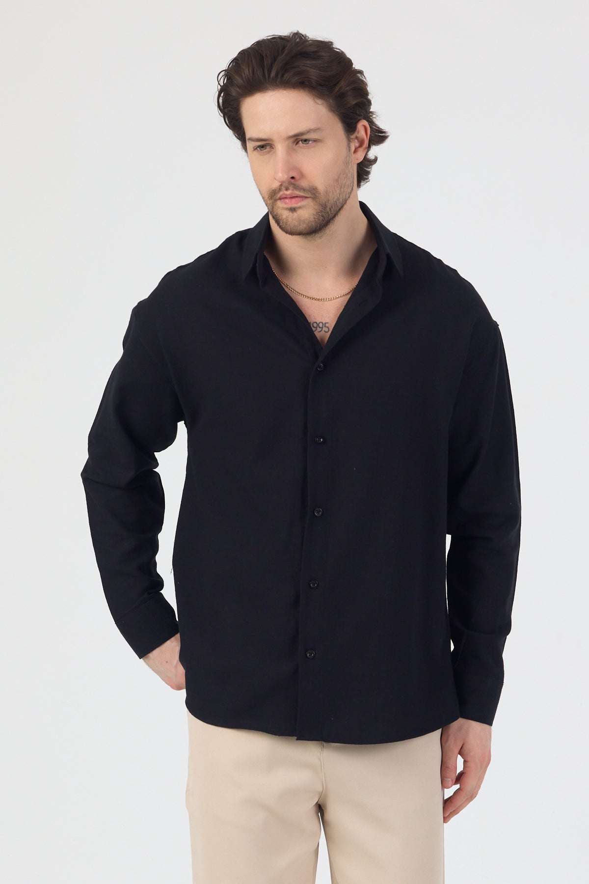 Erkek Pamuklu Keten Görünümlü Gömlek Siyah