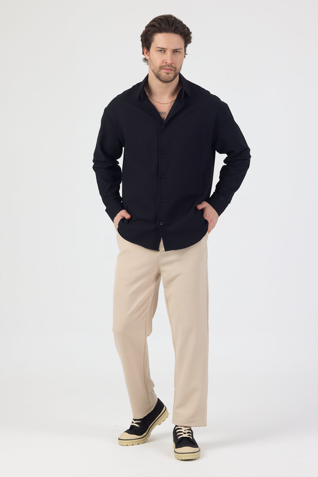 Erkek Pamuklu Keten Görünümlü Gömlek Siyah