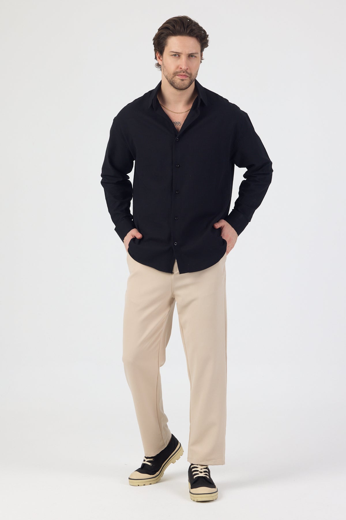 Erkek Pamuklu Keten Görünümlü Gömlek Siyah