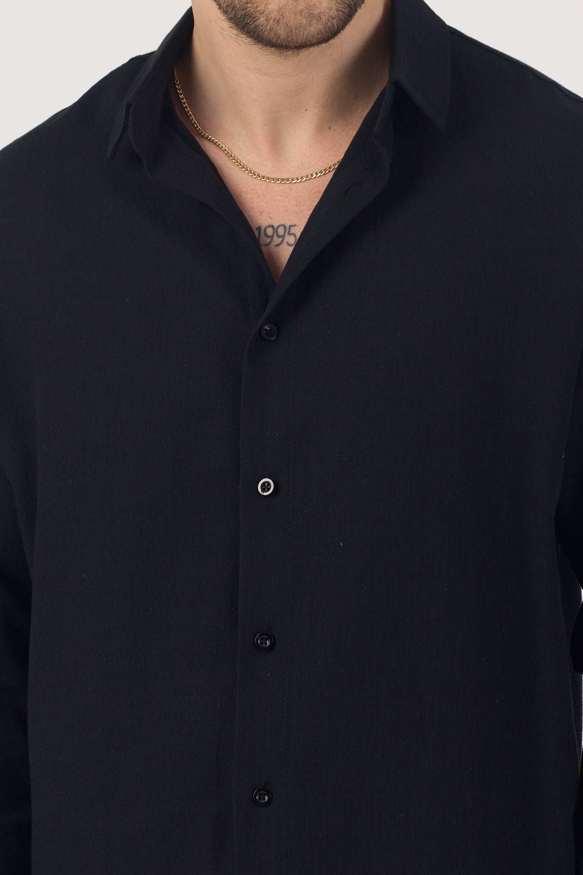 Erkek Pamuklu Keten Görünümlü Gömlek Siyah