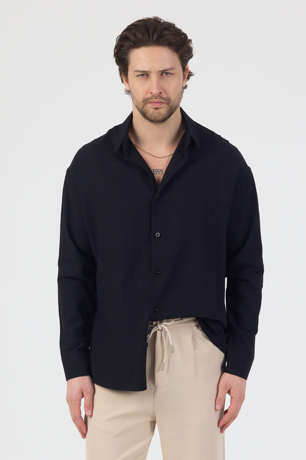 Erkek Pamuklu Keten Görünümlü Gömlek Siyah