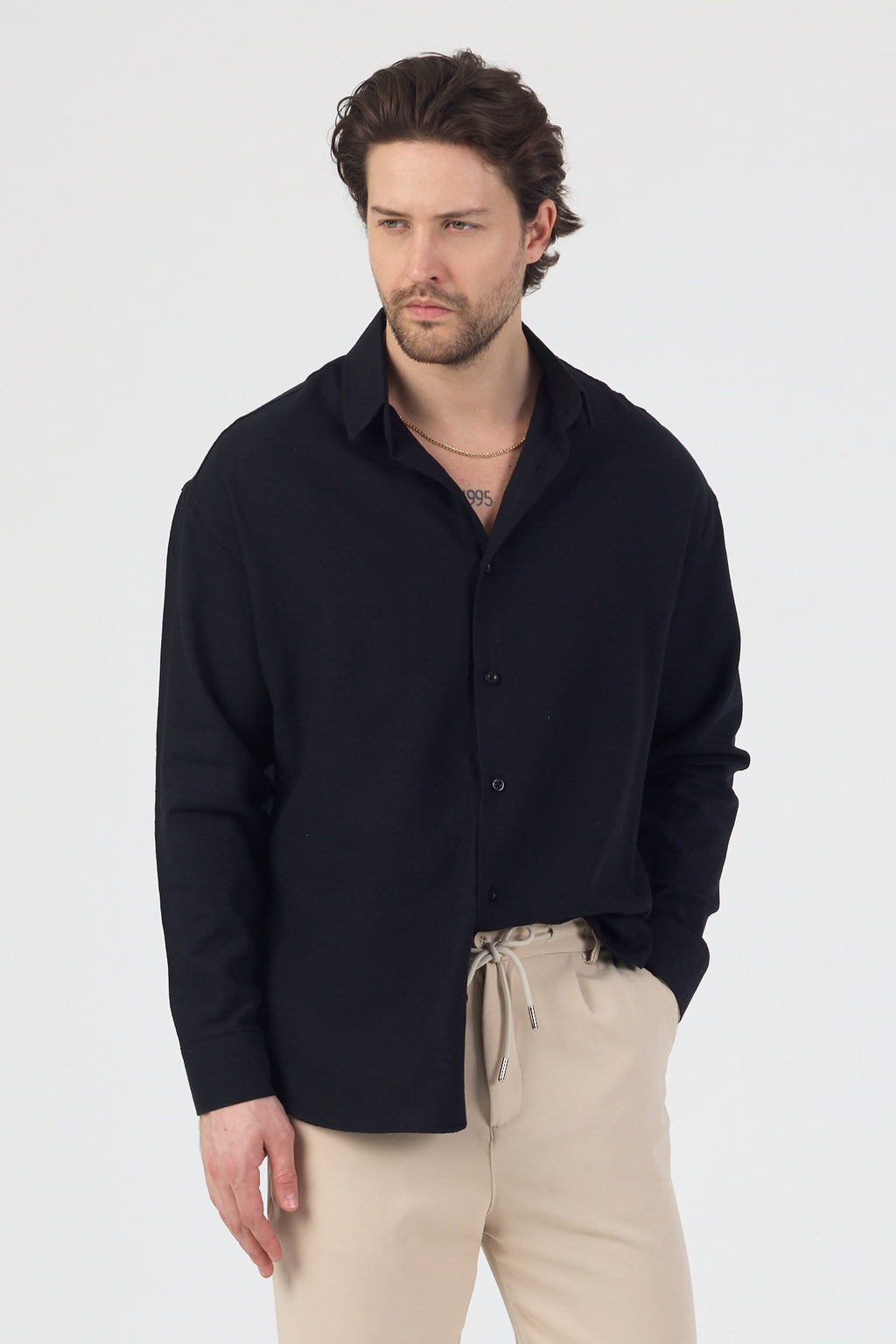 Erkek Pamuklu Keten Görünümlü Gömlek Siyah