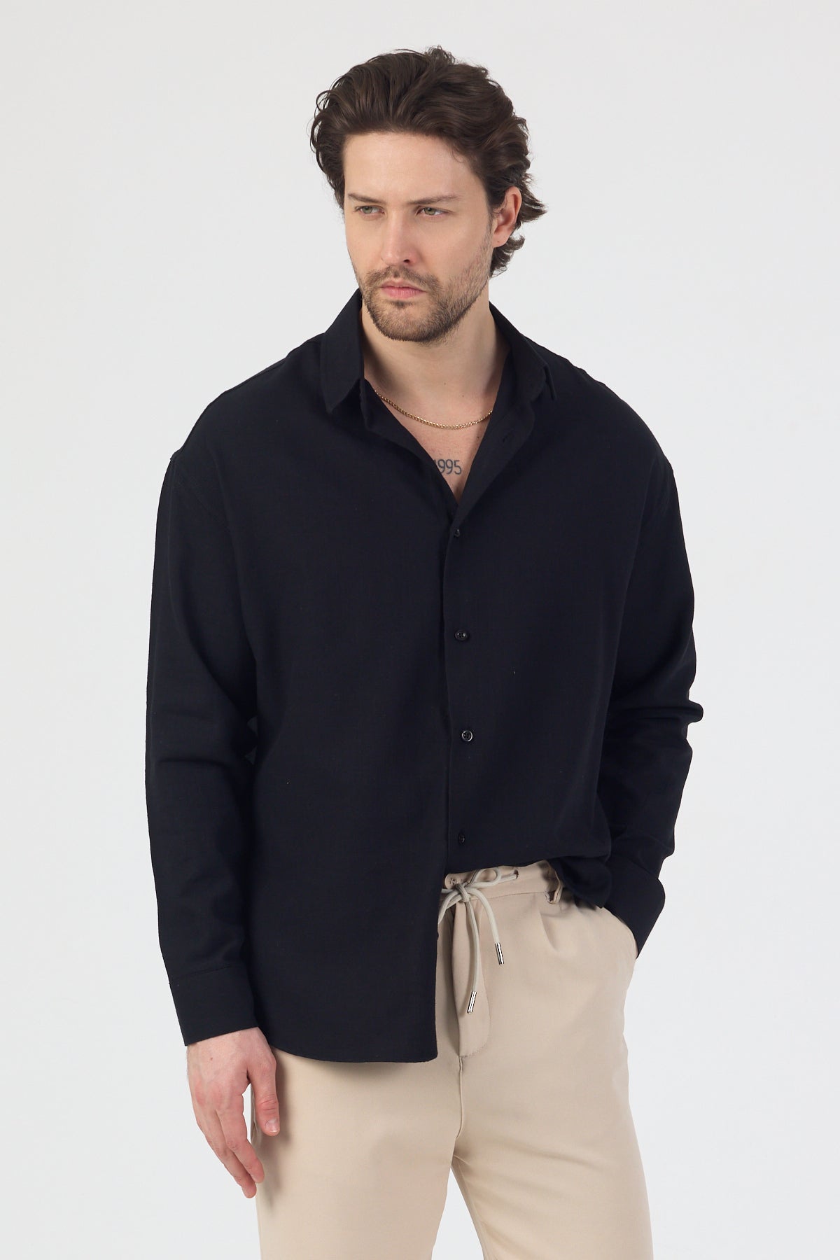Erkek Pamuklu Keten Görünümlü Gömlek Siyah