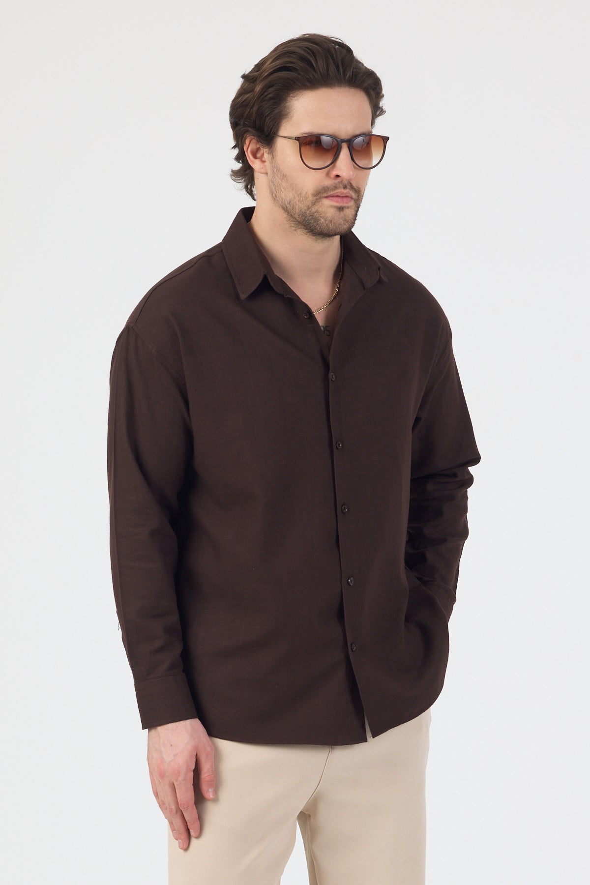 Erkek Pamuklu Keten Görünümlü Gömlek Kahverengi