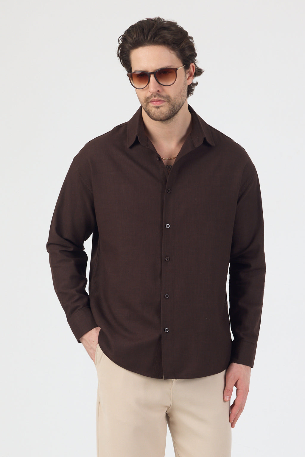 Erkek Pamuklu Keten Görünümlü Gömlek Kahverengi
