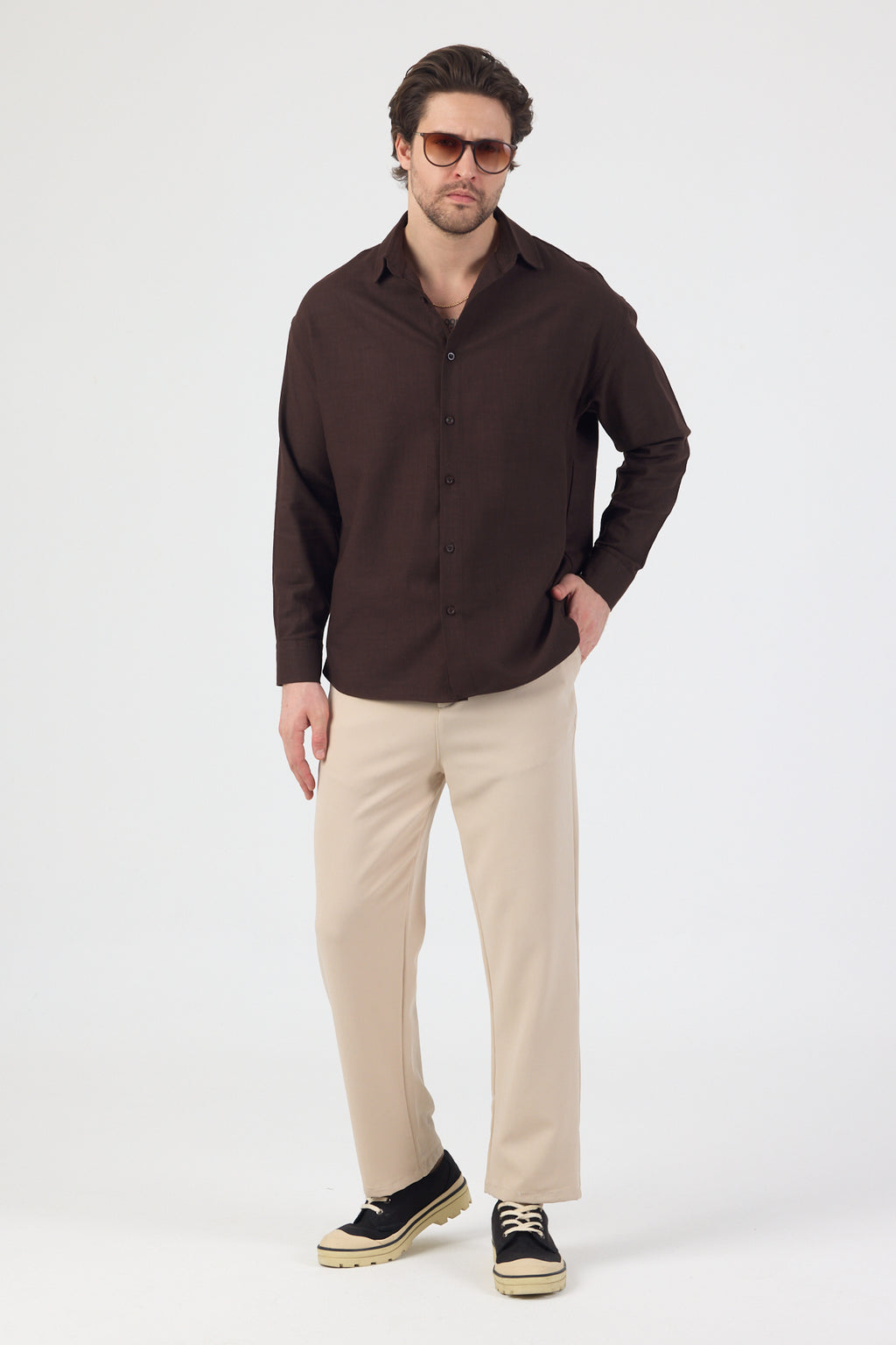 Erkek Pamuklu Keten Görünümlü Gömlek Kahverengi