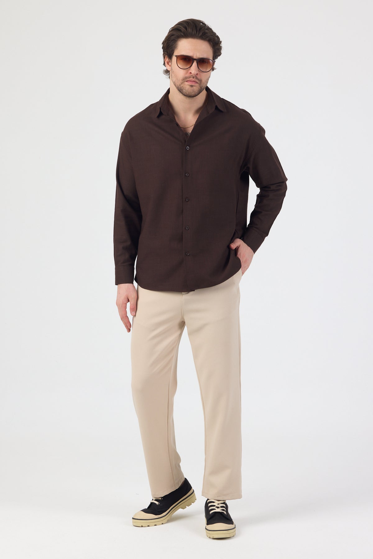Erkek Pamuklu Keten Görünümlü Gömlek Kahverengi