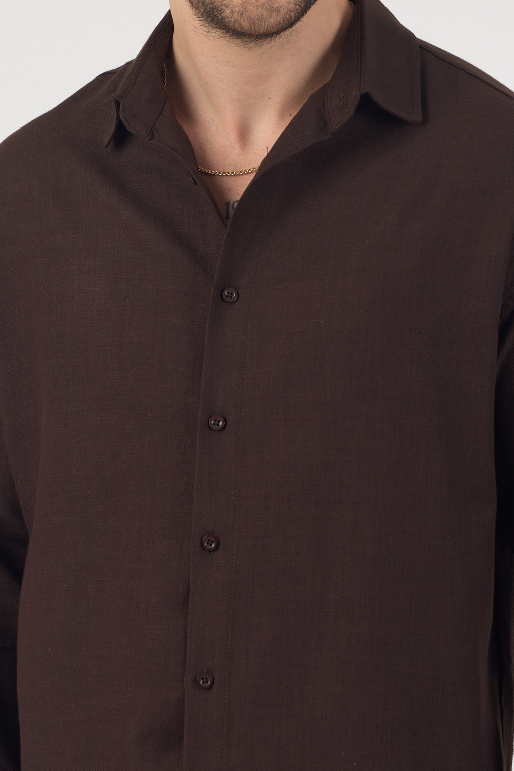 Erkek Pamuklu Keten Görünümlü Gömlek Kahverengi