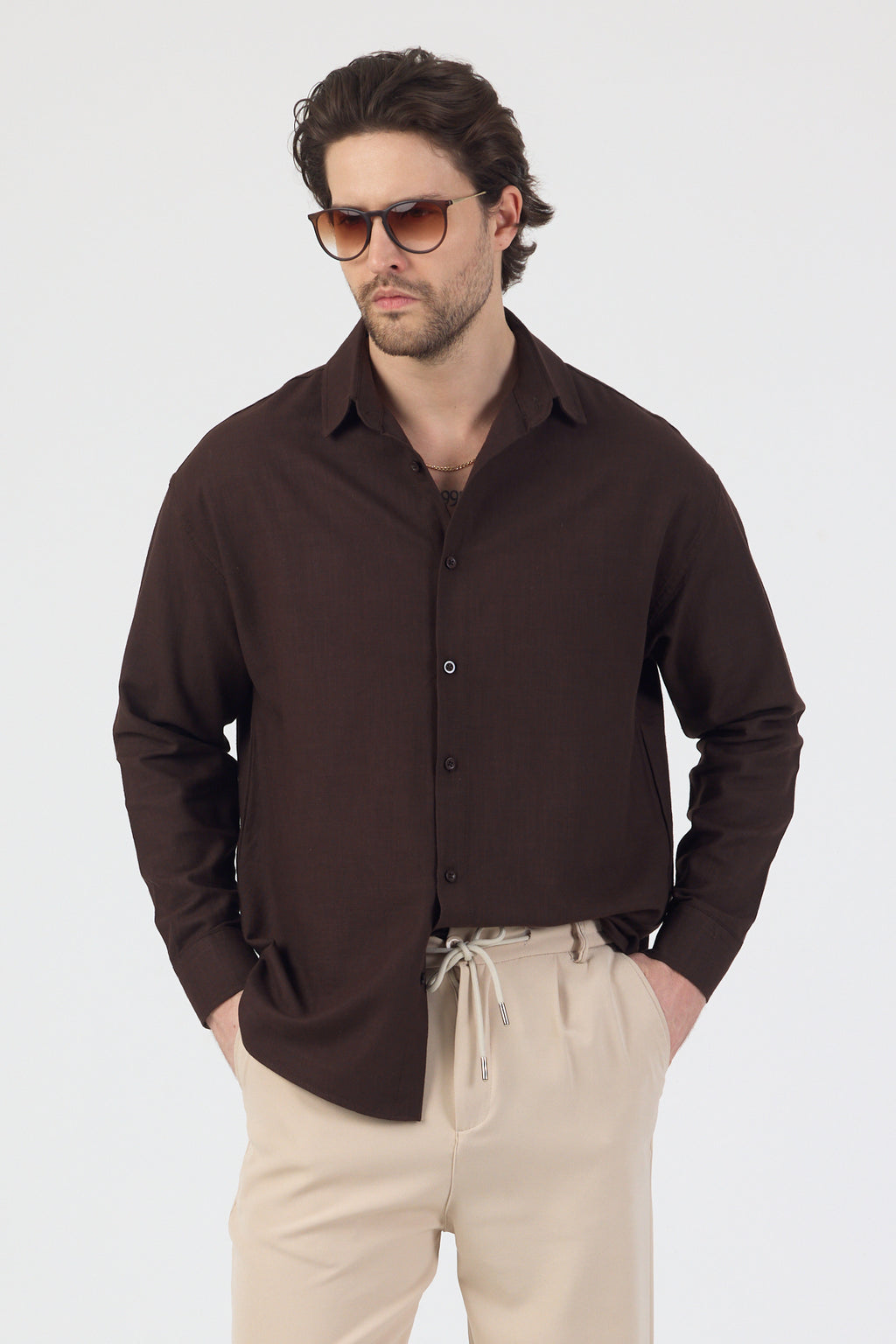 Erkek Pamuklu Keten Görünümlü Gömlek Kahverengi