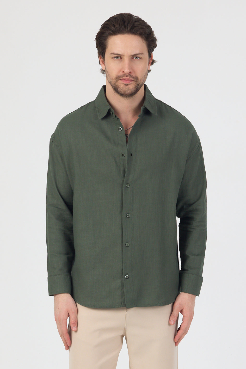 Erkek Pamuklu Keten Görünümlü Gömlek Haki