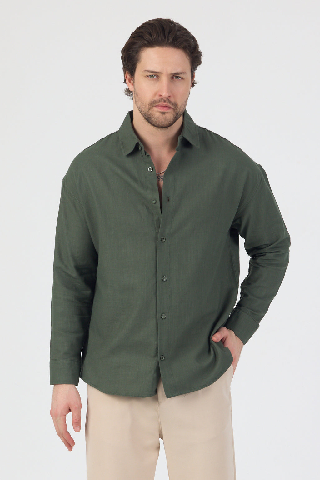 Erkek Pamuklu Keten Görünümlü Gömlek Haki