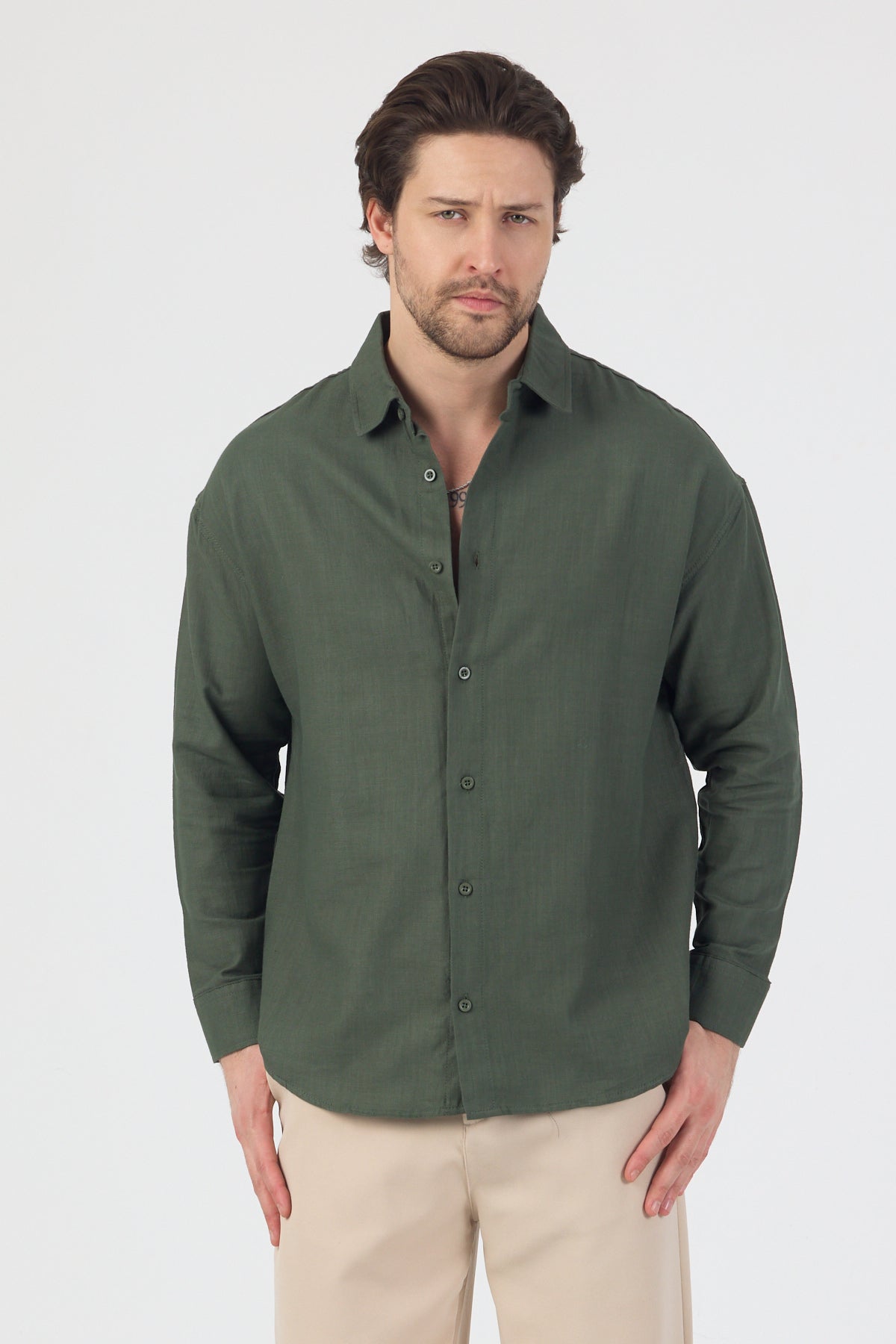 Erkek Pamuklu Keten Görünümlü Gömlek Haki