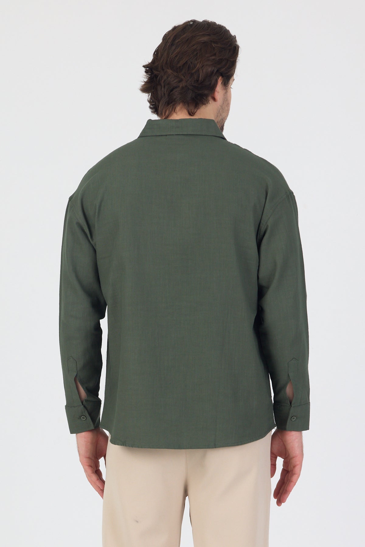 Erkek Pamuklu Keten Görünümlü Gömlek Haki