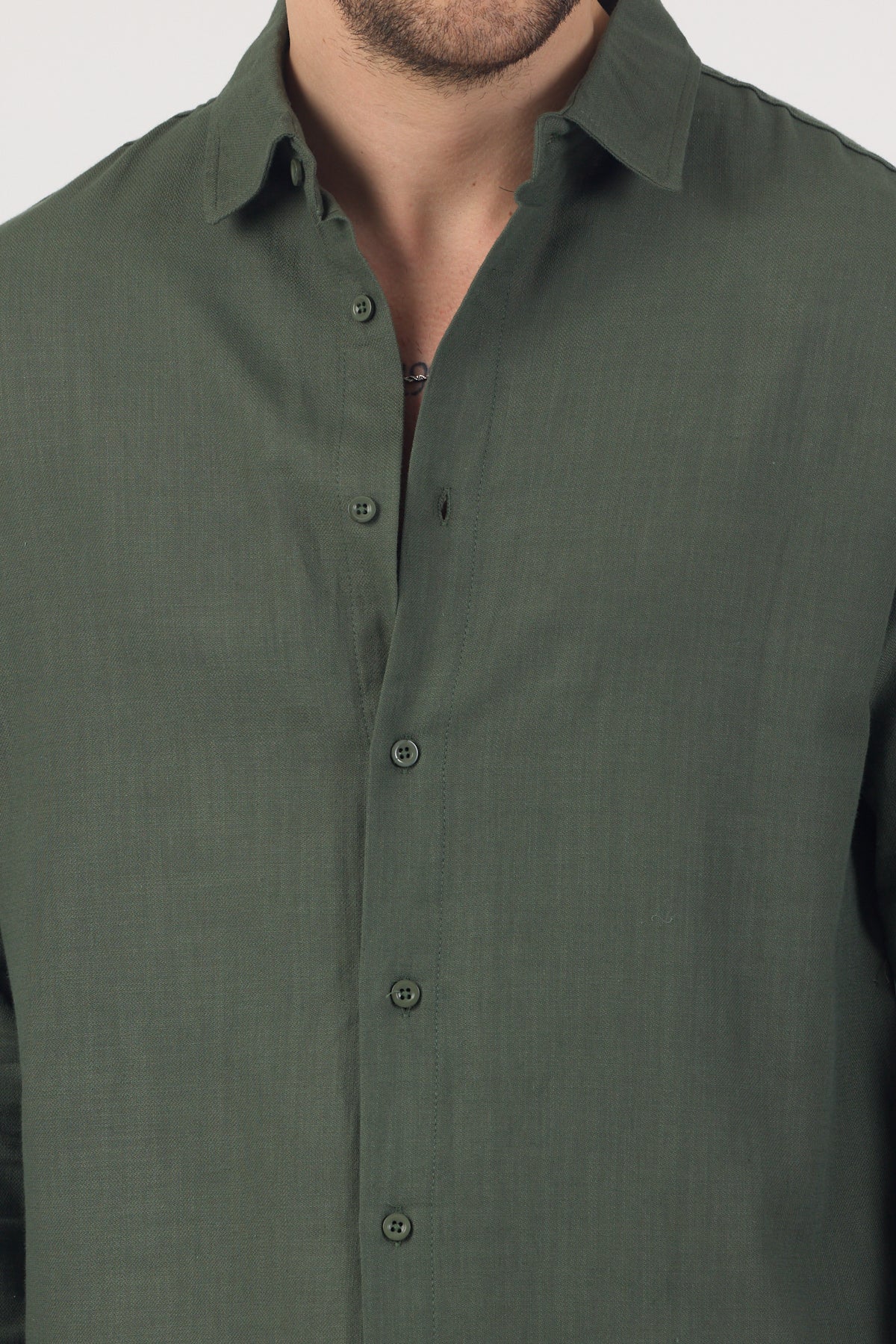 Erkek Pamuklu Keten Görünümlü Gömlek Haki