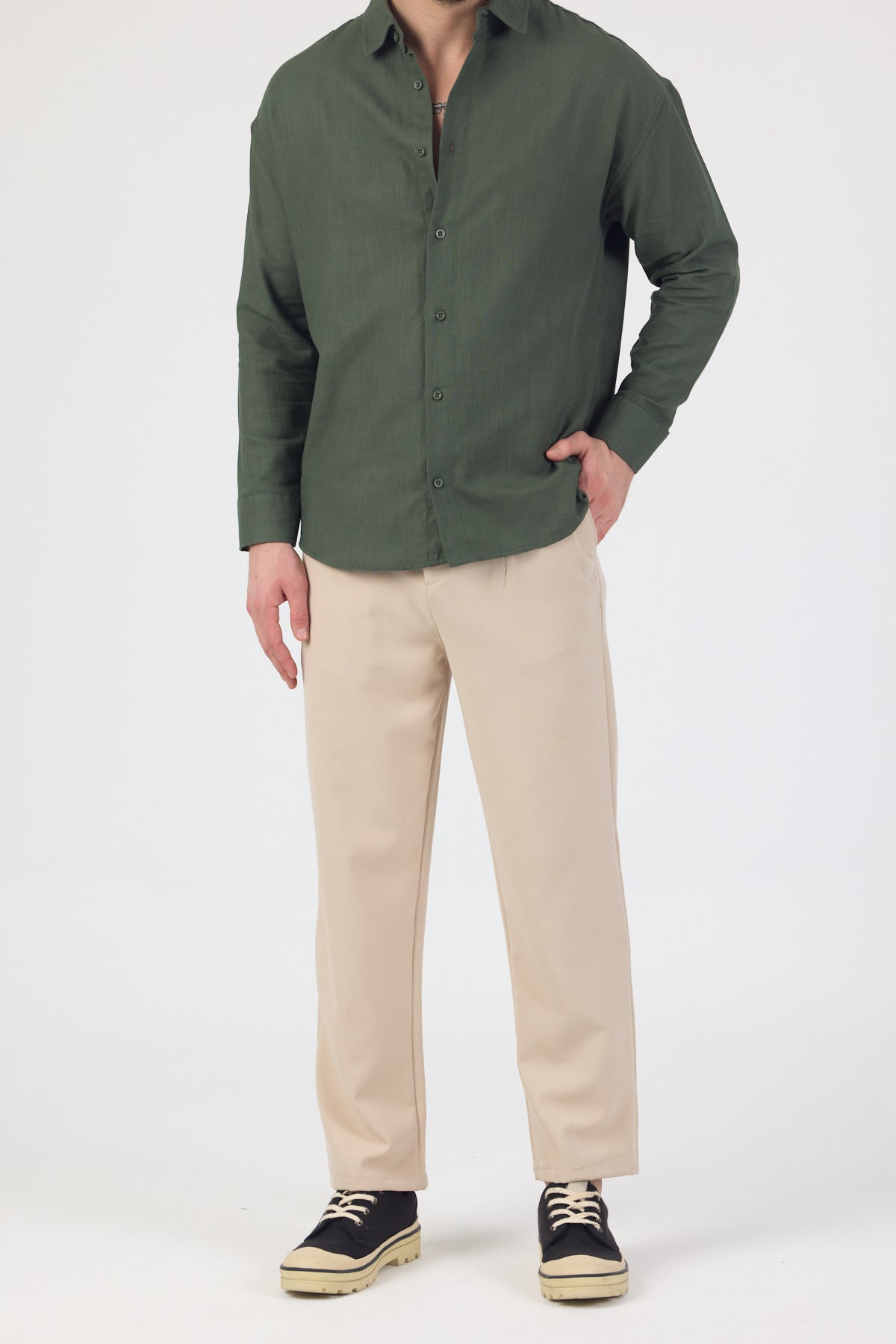 Erkek Pamuklu Keten Görünümlü Gömlek Haki