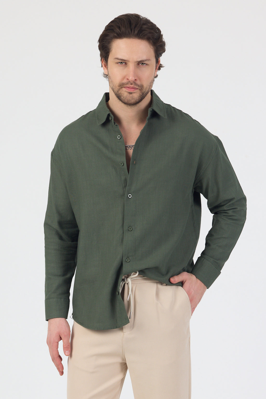 Erkek Pamuklu Keten Görünümlü Gömlek Haki