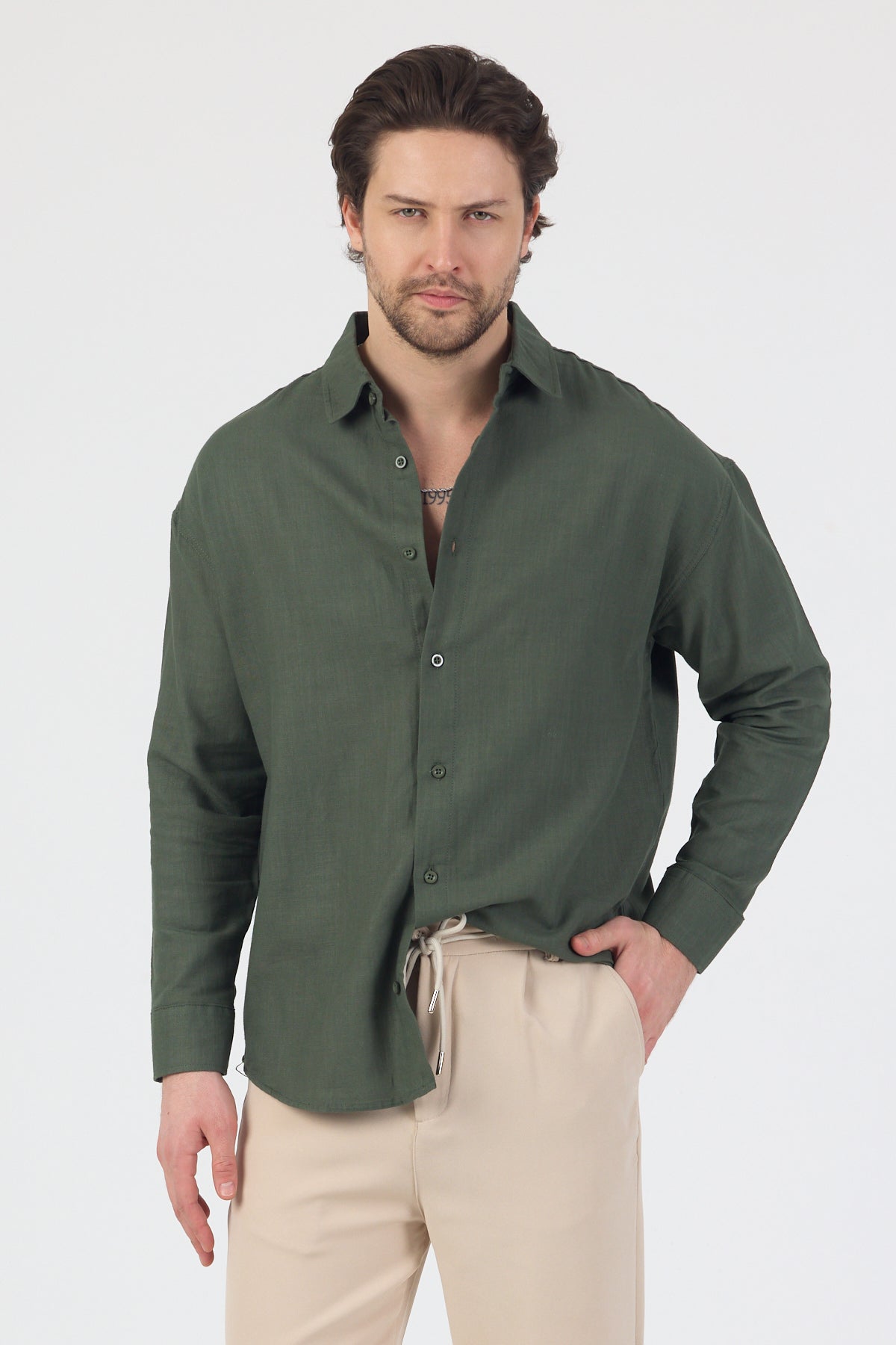 Erkek Pamuklu Keten Görünümlü Gömlek Haki