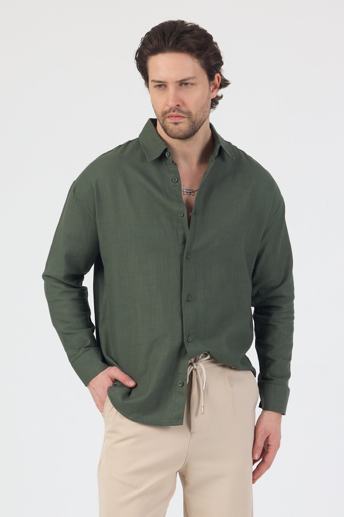 Erkek Pamuklu Keten Görünümlü Gömlek Haki
