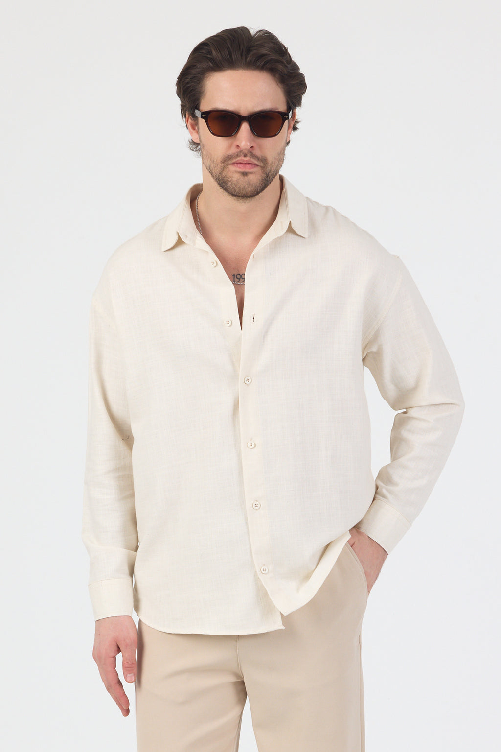 Erkek Pamuklu Keten Görünümlü Gömlek Bej